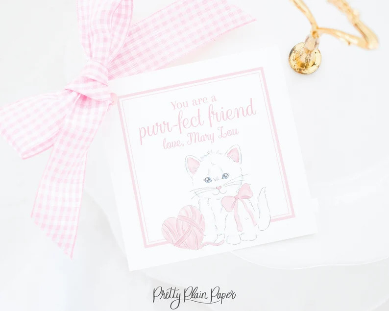 Valentine Tag Pink Kitten With Heart Yarn 3.5x3.5 Printable Digital Download Watercolor Valentine... | Etsy (US)