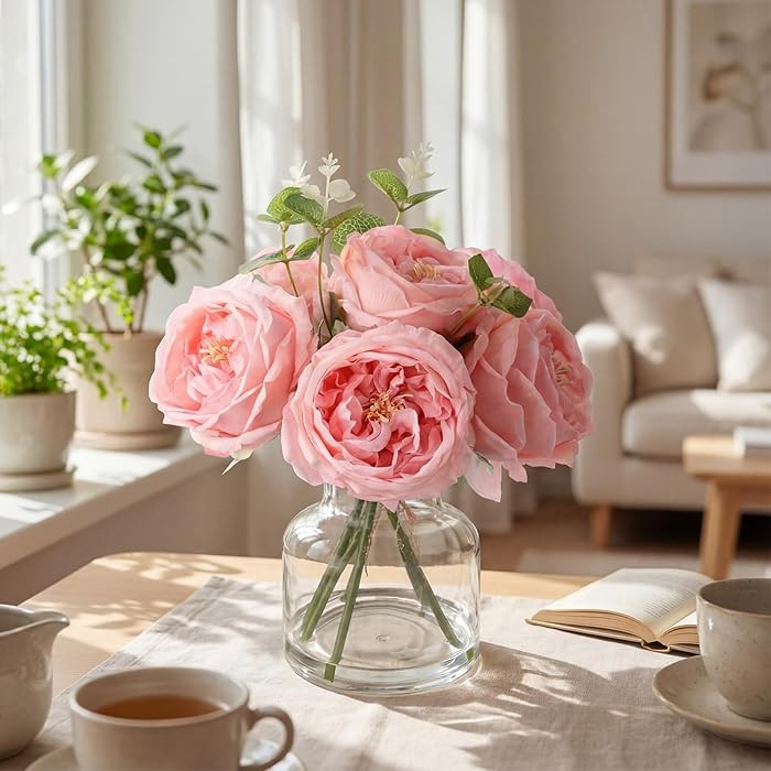 Norme Real to Touch Penoies Artificial Flowers, 6 Pcs Faux Austin Rose in Vase with Big Bloom and... | Amazon (US)