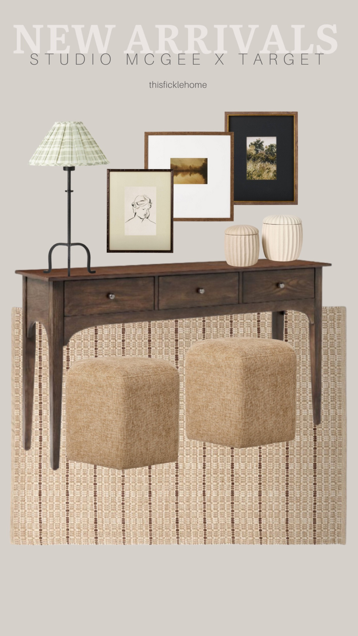 New arrivals from the Studio McGee line at Target.

Dark brown console table. Neutral upholstered ottoman. Ceramic canisters. Framed wall art. Metal table lamp with plaid lampshade. Entryway refresh.

#LTKHome