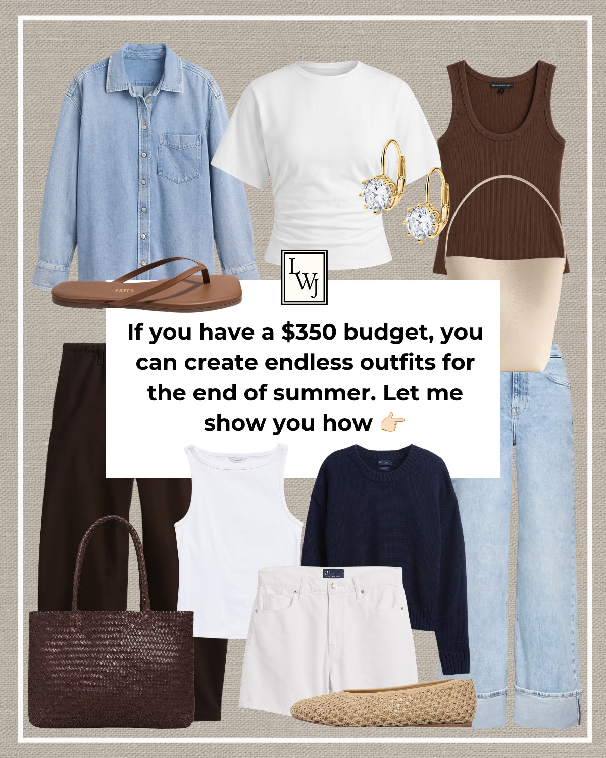 mini budget capsule for the end of summer 

(Budget not including accessories) 

summer style / casual style / style over 30 / oversized denim shirt / elevated tee / scoopneck tank / poplin pants / gap jeans / cuffed wide leg jeans / boatneck tank / crewneck sweater / white shorts / madewell woven tote bag / woven ballet flats / tkees flip flops / bucket tote / elecktric picks earrings

#LTKSeasonal