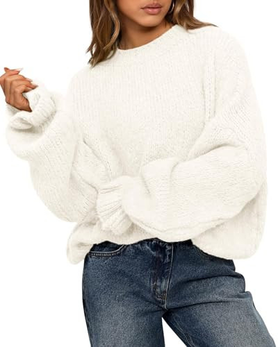BTFBM Women's Oversized Sweater Crewneck 2025 Fall Winter Long Sleeve Fuzzy Warm Knit Pullover Sweaters Trendy Outfits(White, Large) | Amazon (US)