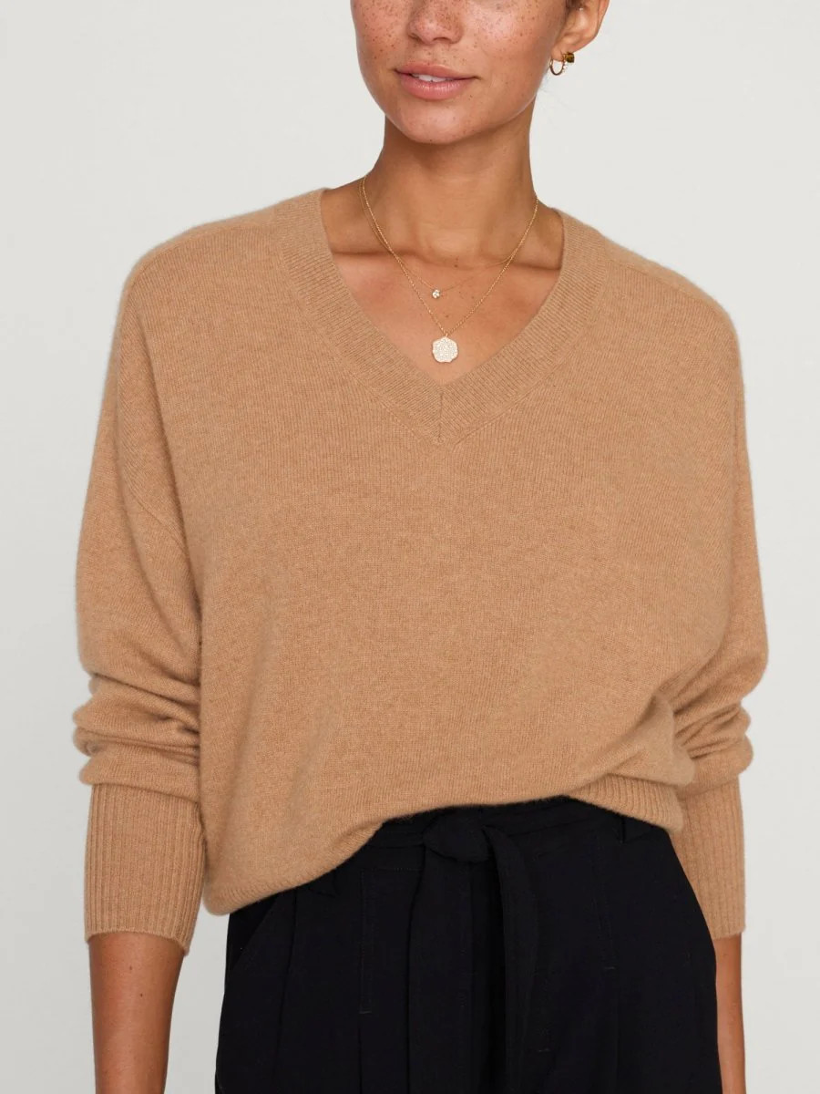 Brochu Walker | Women's Leia Vee Cashmere Sweater in Camel Mélange | Brochu Walker