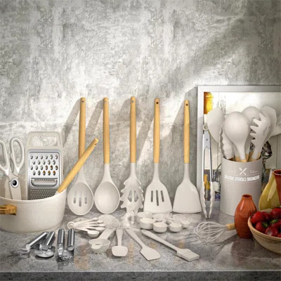 Silicone Kitchen Utensil Set, 34PCS Heat Resistant Kitchen Gadgets And Tools With Grater, Wood Handles For Nonstick Cookware | Wayfair North America