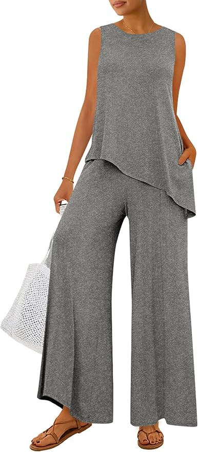 PRETTYGARDEN Women's 2025 Two Piece Matching Lounge Sets Asymmetrical Split Tank Tops Wide Leg Pa... | Amazon (US)