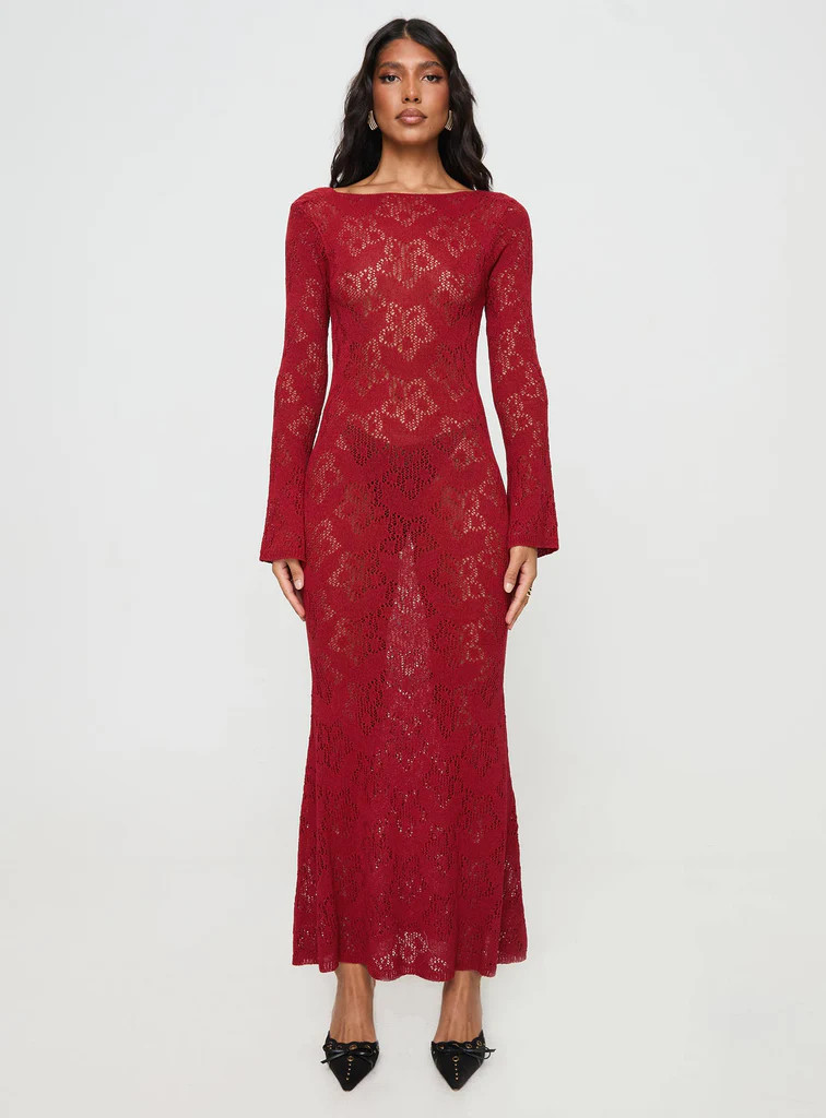 Pricely Long Sleeve Maxi Dress Red | Princess Polly US
