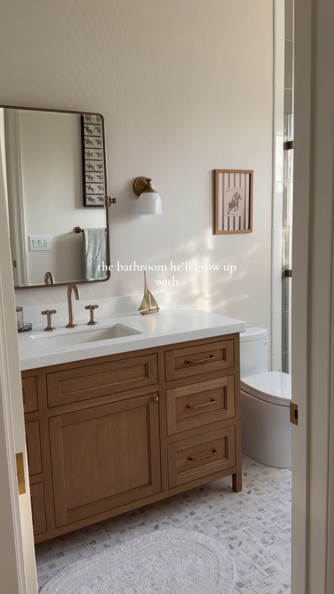 The vision of my dreams vs. the bathroom he’ll grow up with 🥹
I wanted warm and cozy, timeless yet playful. A space that feels classic and traditional, mixed with patterns, textures, and a touch of vintage charm—designed to carry him from little years into his teens and beyond. 🐎 ￼#boysbathroom #boysroom 

#LTKHome #LTKKids