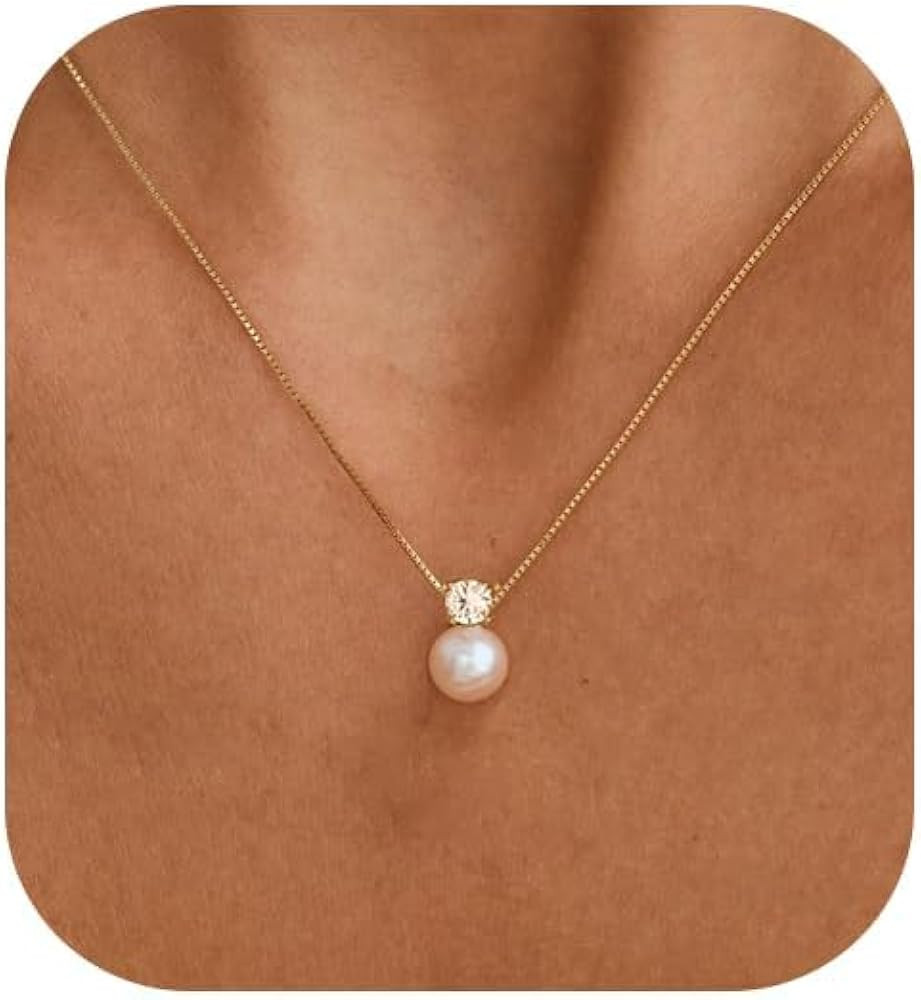 Pearl Necklaces for Women, Dainty Gold Necklace 14K Gold Plated Charm CZ Pearl Pendant Necklace S... | Amazon (US)