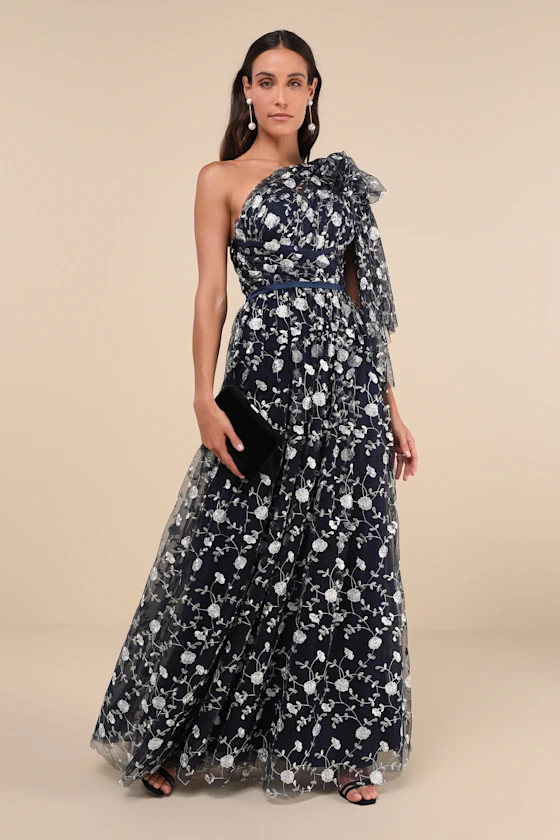 Whimsical Allure Navy Mesh Embroidered One-Shoulder Maxi Dress | Lulus