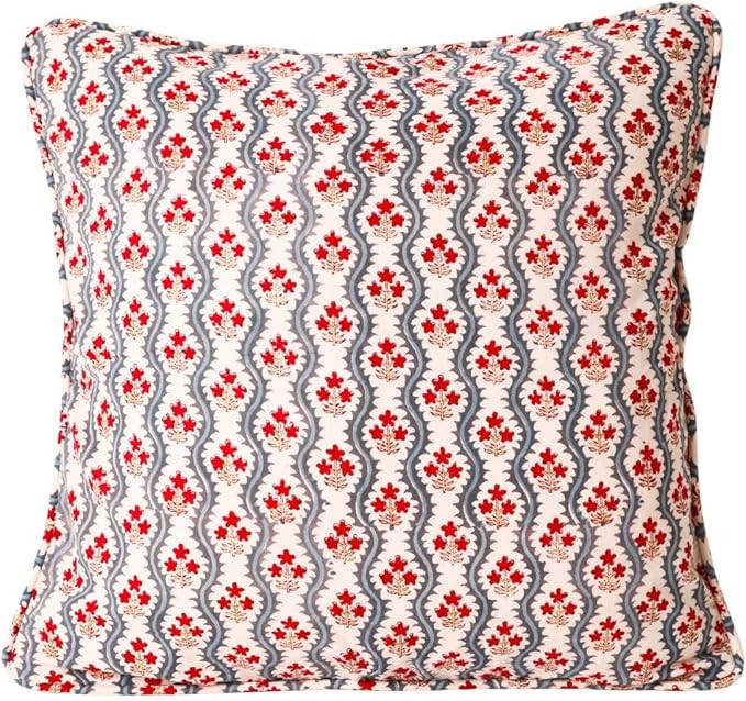 Block Print Floral Cushion Cover, Red and White, Boho Decorative Throw Pillow Cover (18x18 (Inche... | Amazon (US)