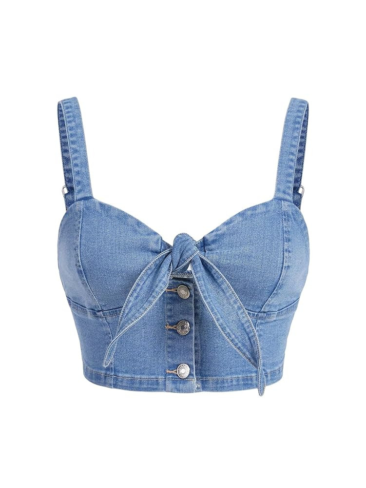 WDIRARA Women's Denim Tie Knot Tank Top Button Decor Sleeveless Y2k Jean Crop Top | Amazon (US)