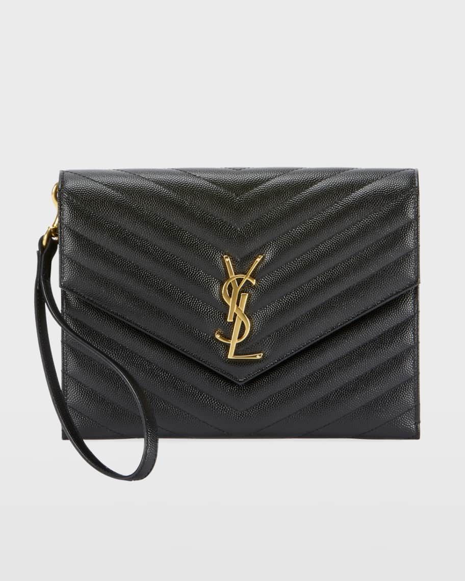 Saint Laurent YSL Monogram Flap Clutch Bag in Grained Leather | Neiman Marcus