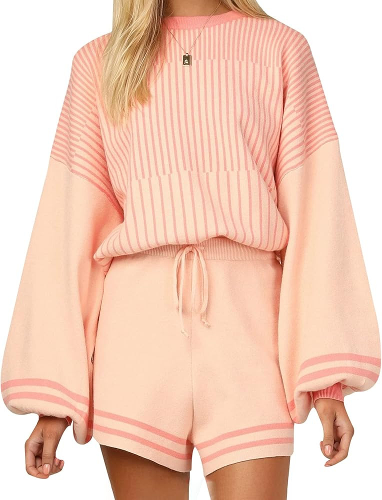 Gihuo Women' s Striped 2 Piece Outfits Crewneck Knit Pullover Sweater Shorts Set Wide Leg Matchin... | Amazon (US)