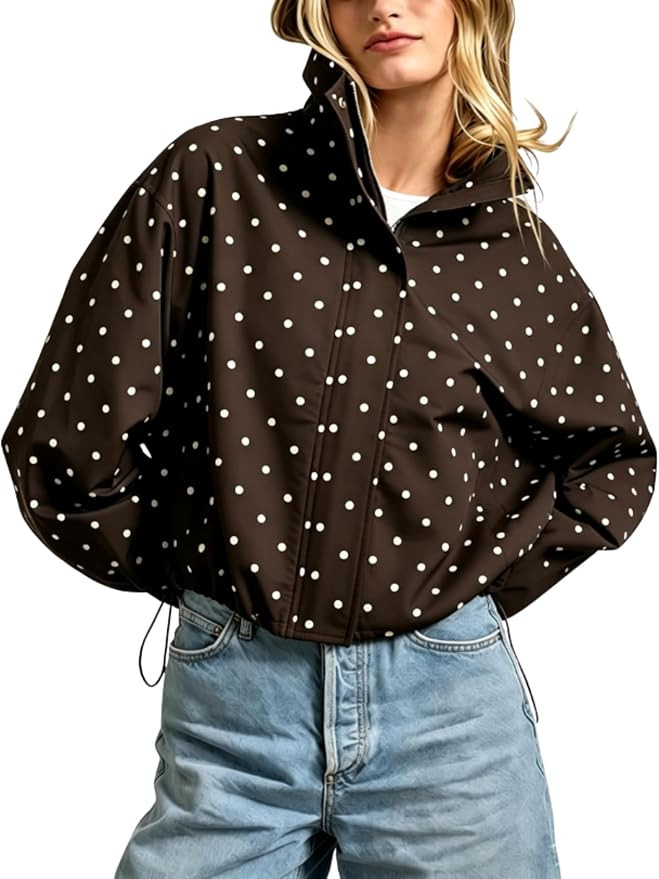 Esmeling Women Polka Dot Printed Jacket Turtleneck Zipper Drawstring Jacket | Amazon (US)