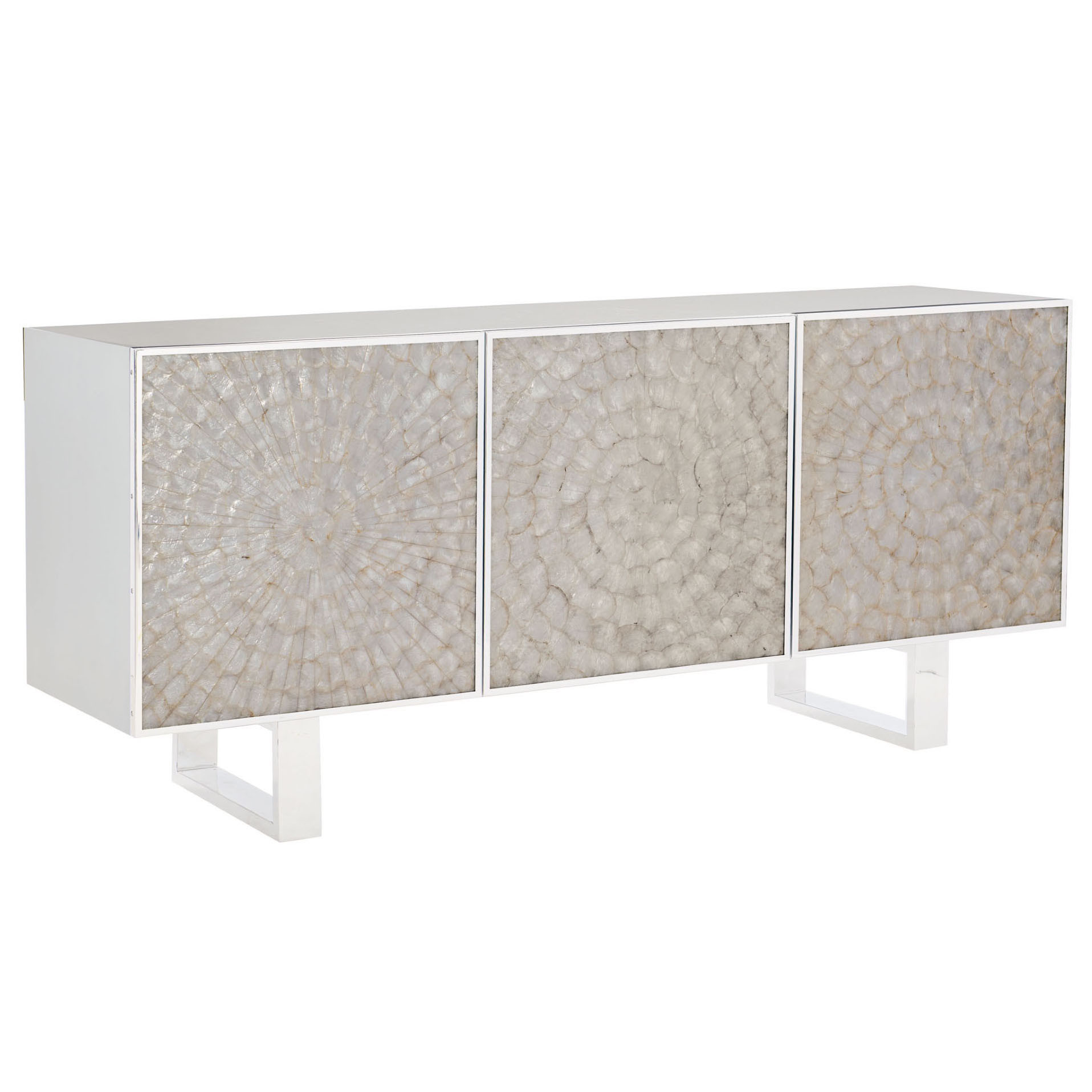 Selena Coastal Beach White Capiz Shell Wood Media Cabinet | Kathy Kuo Home