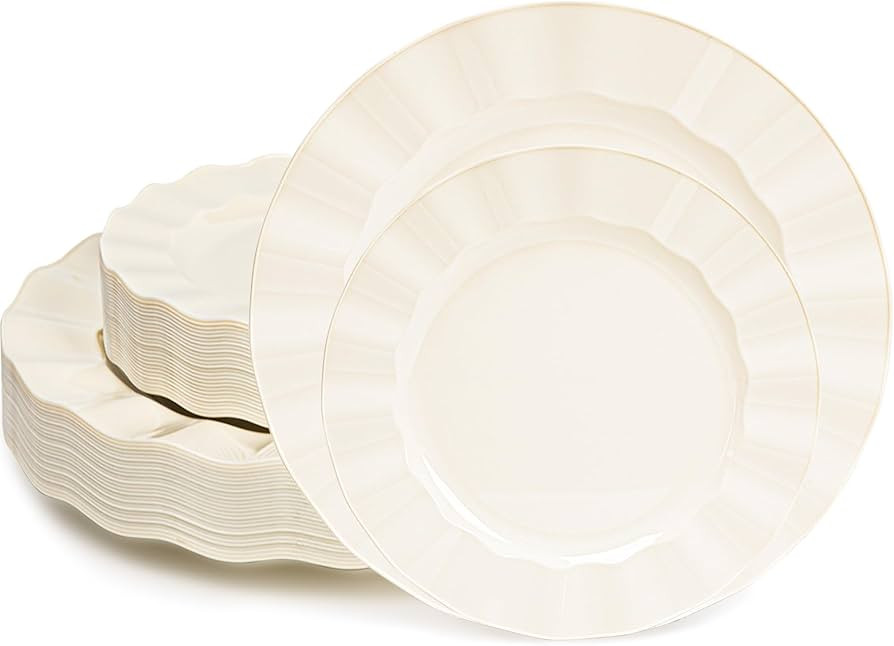 60 Pcs Ivory Plates, Wave Edge Design Disposable Plastic Plates for 30 Guests, Fancy Party Dishes... | Amazon (US)