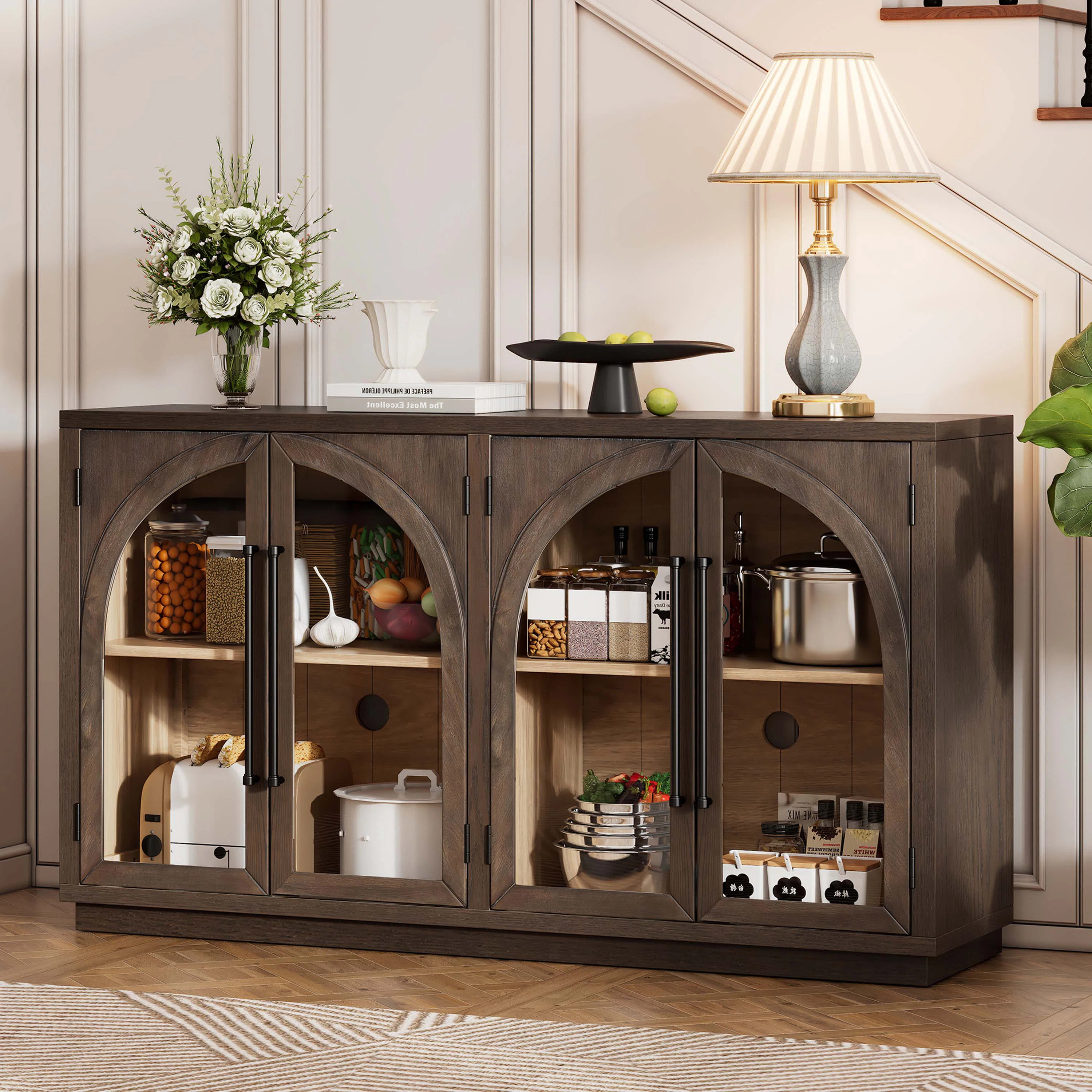 4-Door Large Storage Sideboard Buffet Cabinet with Glass Doors, Arched Cabinet with Adjustable Sh... | Wayfair North America