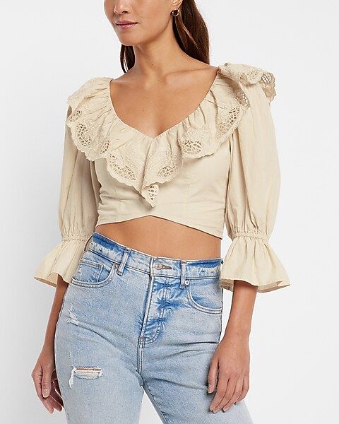 Embroidered Ruffle V-Neck Cropped Top | Express