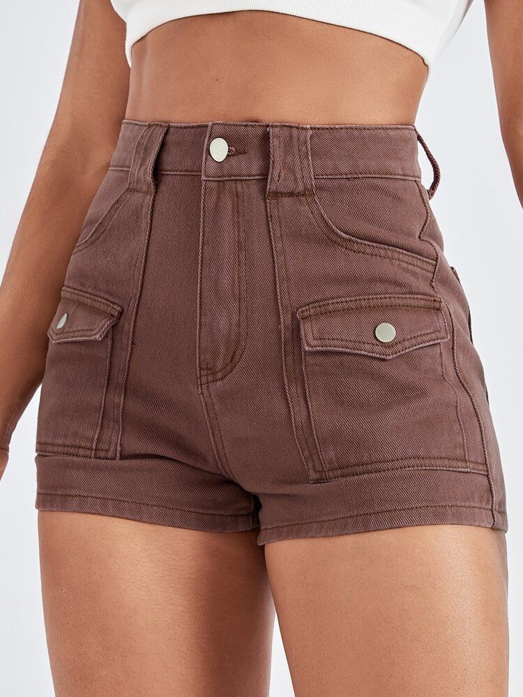 High Waist Flap Pocket Denim Shorts | SHEIN