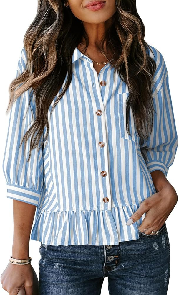 Dokotoo Cropped Button Down Striped Shirt 3/4 Length Sleeve Womens Tops Dressy Casual Blouses Bab... | Amazon (US)