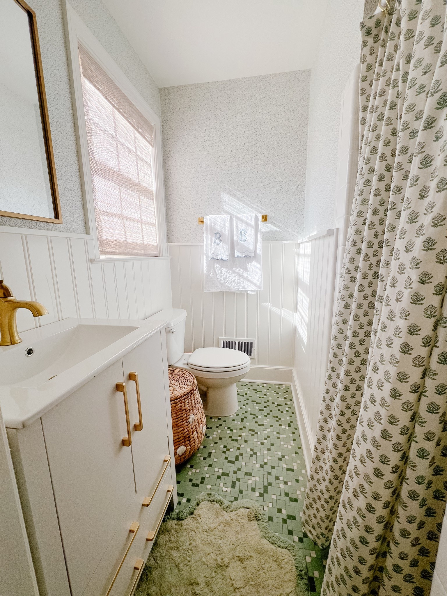 We wanted to keep the original tile floors in this bathroom so we went with a green and blue theme here for our 2 year olds bathroom decor. 

#LTKmomlife #LTKKids #LTKHome