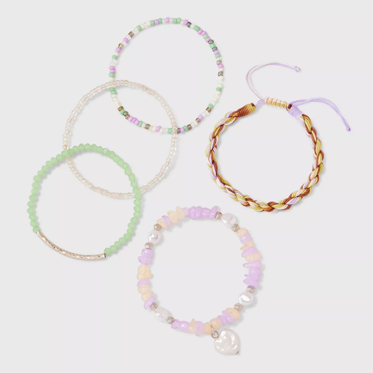 Mixed Bead and Simulated Pearl Heart Stretch Bracelet Set 5pc - Wild Fable™ Green/Purple | Target
