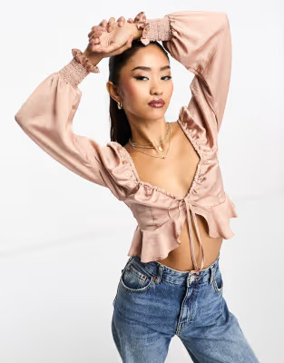 Miss Selfridge tie front satin tea blouse in blush | ASOS | ASOS (Global)