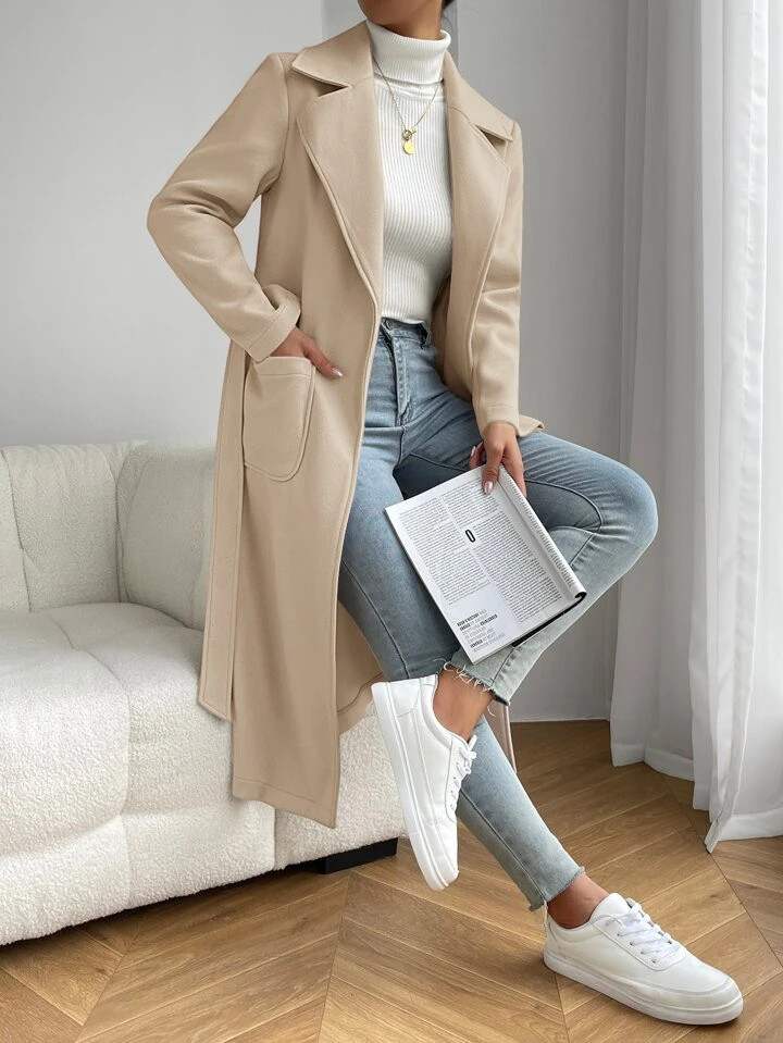 SHEIN EZwear Lapel Neck Dual Pocket Belted Overcoat | SHEIN