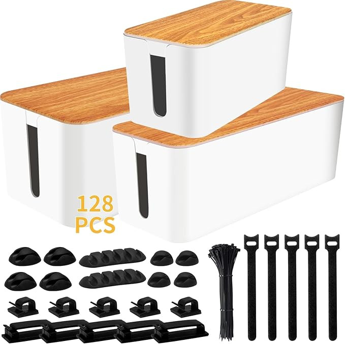 Cable Management Box 3 Pack with 125PCS Cable Management Kit for Power Strip to Hide Wires,Cord O... | Amazon (US)