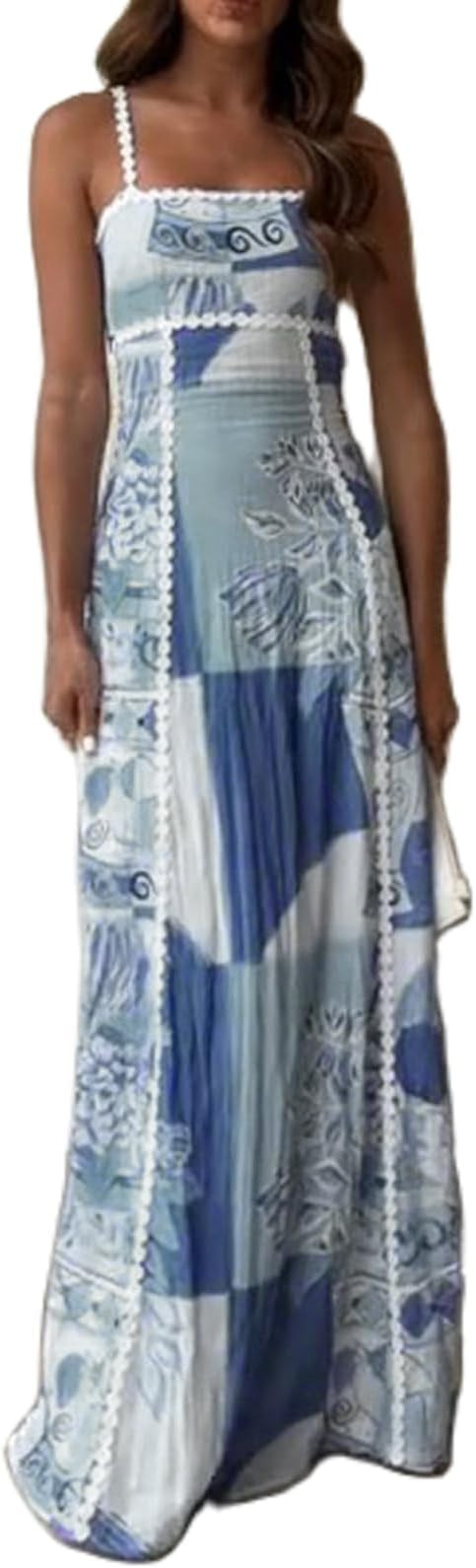 Women Sleeveless Smokced Ruffle Floral Maxi Dress Spaghetti Strap Sunflower Long Dress Boho Swing... | Amazon (US)