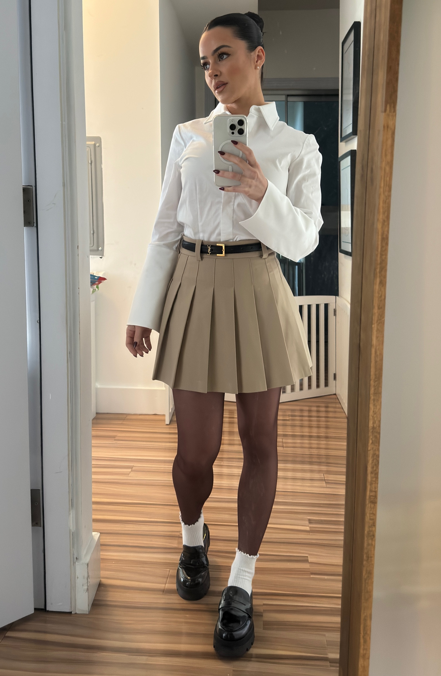 School girl #ootd #pleatedskirt #aritzia #loafers #yslbelt #winterstyle #springoutfit