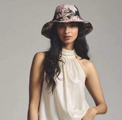 NWT Anthropologie Black and Pink Floral Hat Brocade Bucket One Size Women's | eBay US