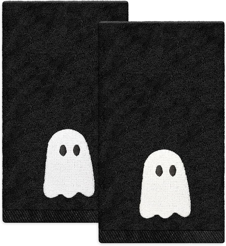 2 Pack Halloween Hand Embroidered Black White Ghost Cotton Dish Towel for Bathroom Hand Drying Ki... | Amazon (US)