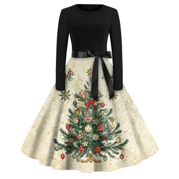 Women's Christmas Print Flare Dress with Snowflake, Christmas Tree and Snowman Pattern, Long Slee... | Walmart (US)