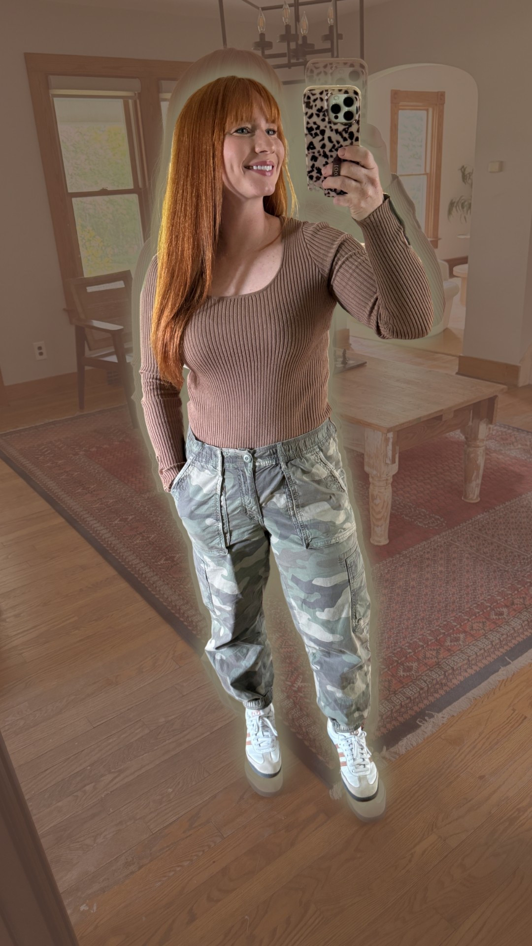 It’s a bit cooler today (Michigan weather and it’s ups and downs!!), so long sleeves and pants it is! I’m not mad though, I reach for these pants all of the time!! I have them in camo and black. They fit super well and I love the tapered bottoms. P.S. my body suit is sold out, so I added a similar one🫶🏼