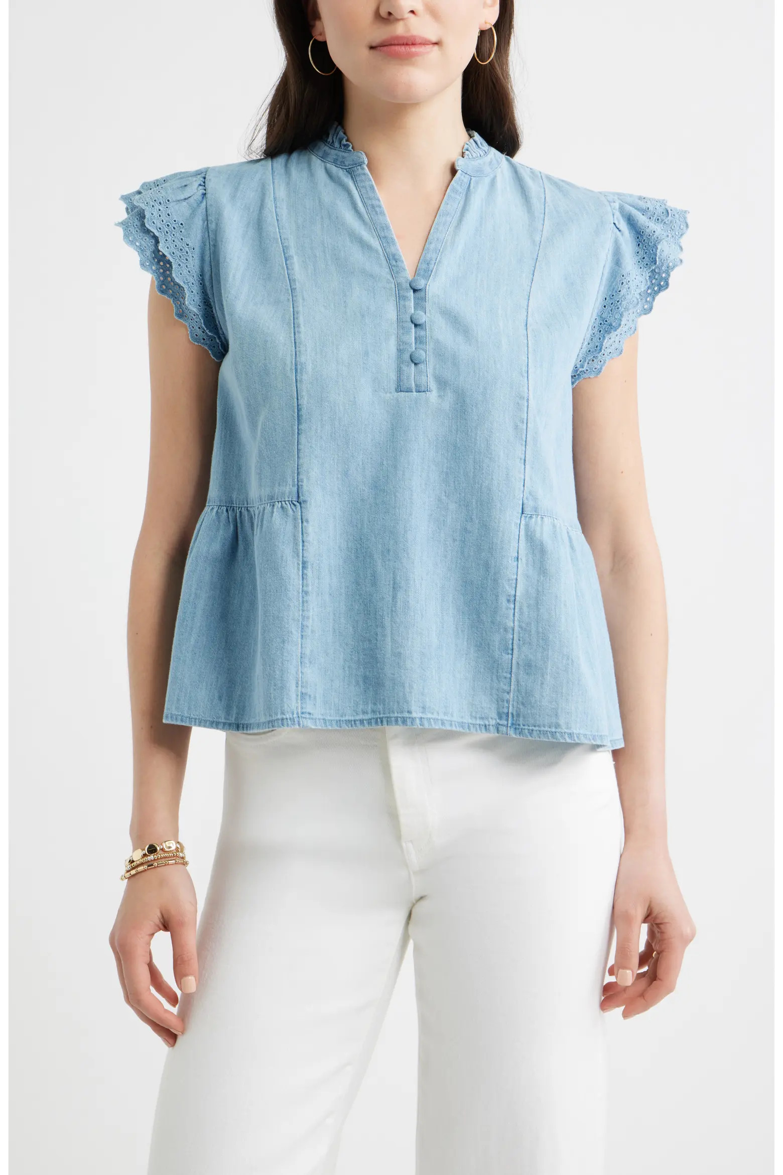 Ruffle Eyelet Chambray Top (Women) | Nordstrom | Nordstrom