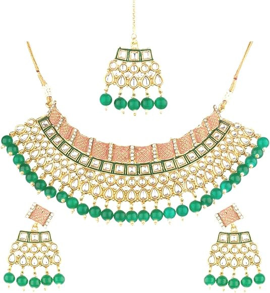 Indian Kundan Crystal Pearl Bollywood Traditional 14 K Gold Plated Wedding Choker Necklace Earrin... | Amazon (US)