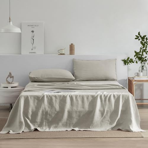EVERLY Linen Sheets Set Twin Size,100% French Pure Linen Sheets Set,3Pieces (1Flat Sheet,1Fitted Sheet,1Pillowcase) Suitable for Hot Sleepers, Stonewash Not Dyed Deep Pocket Natural Linen Bedding Set | Amazon (US)