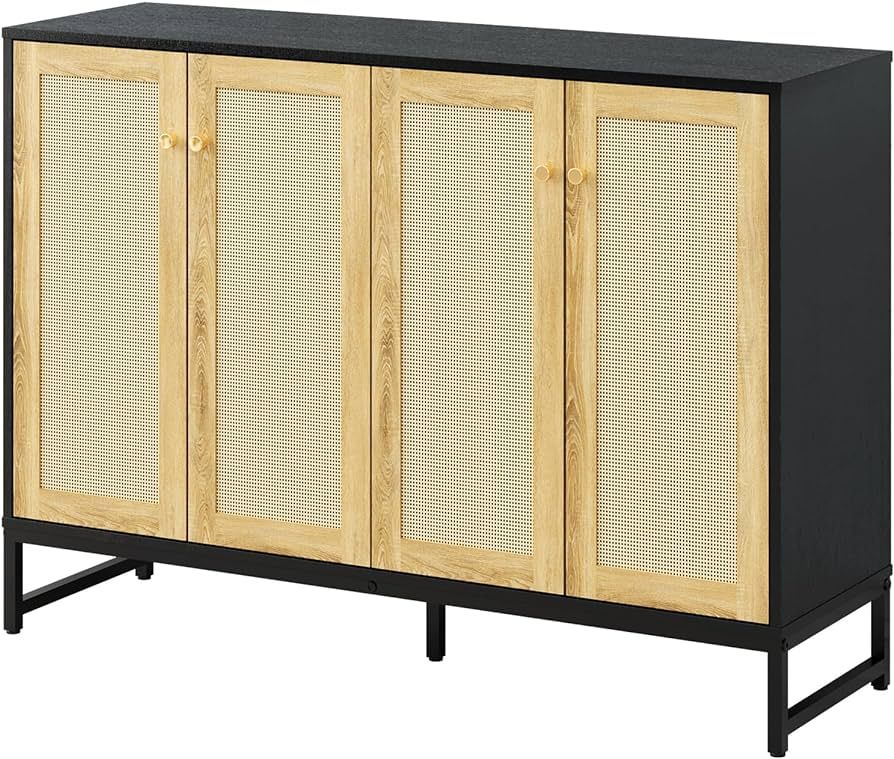 Storage Cabinet, Large Capacity Four-Door Rattan Sideboard with Adjustable Partitions, Metal Cabi... | Amazon (US)