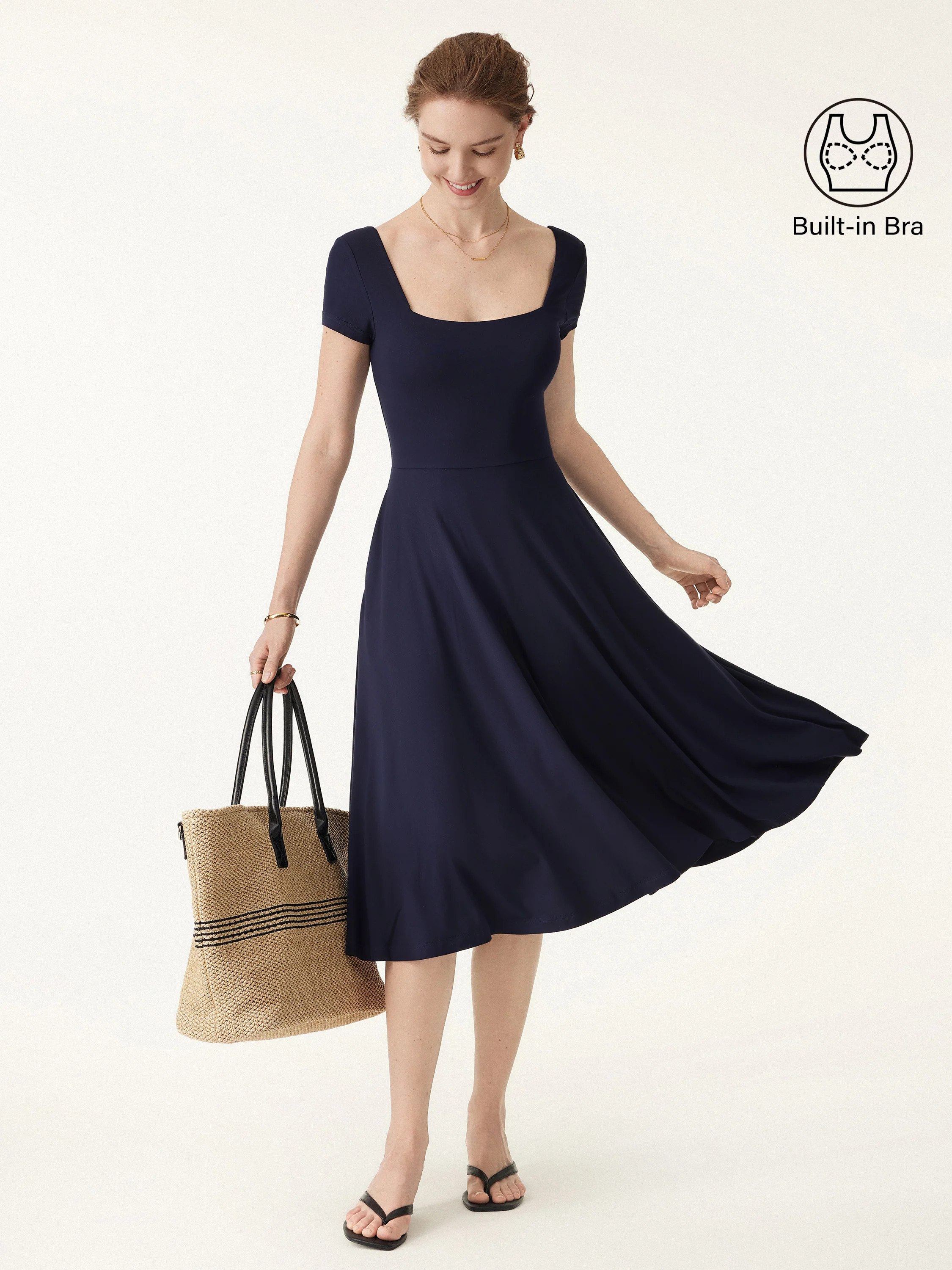 Flowy Square Neck Short Sleeve Midi Bra Dress | OGLmove