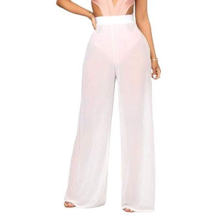 Qiylii Women Sheer Mesh Beach Pants See Through High Waist Wide Leg Swimsuit Cover Up Pants with Tho | Walmart (US)