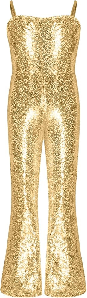 Girls 70s 80s Hippie Disco Funky Dance Costume Shiny Sequins Bell Bottom Jumpsuit for Halloween C... | Amazon (US)