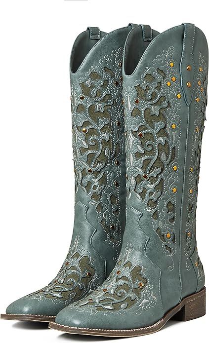SaraIris Women's Rhinestone Boots Mid Calf Boots Chunky Heel Round Toe Boots Knee High Boots Embr... | Amazon (US)