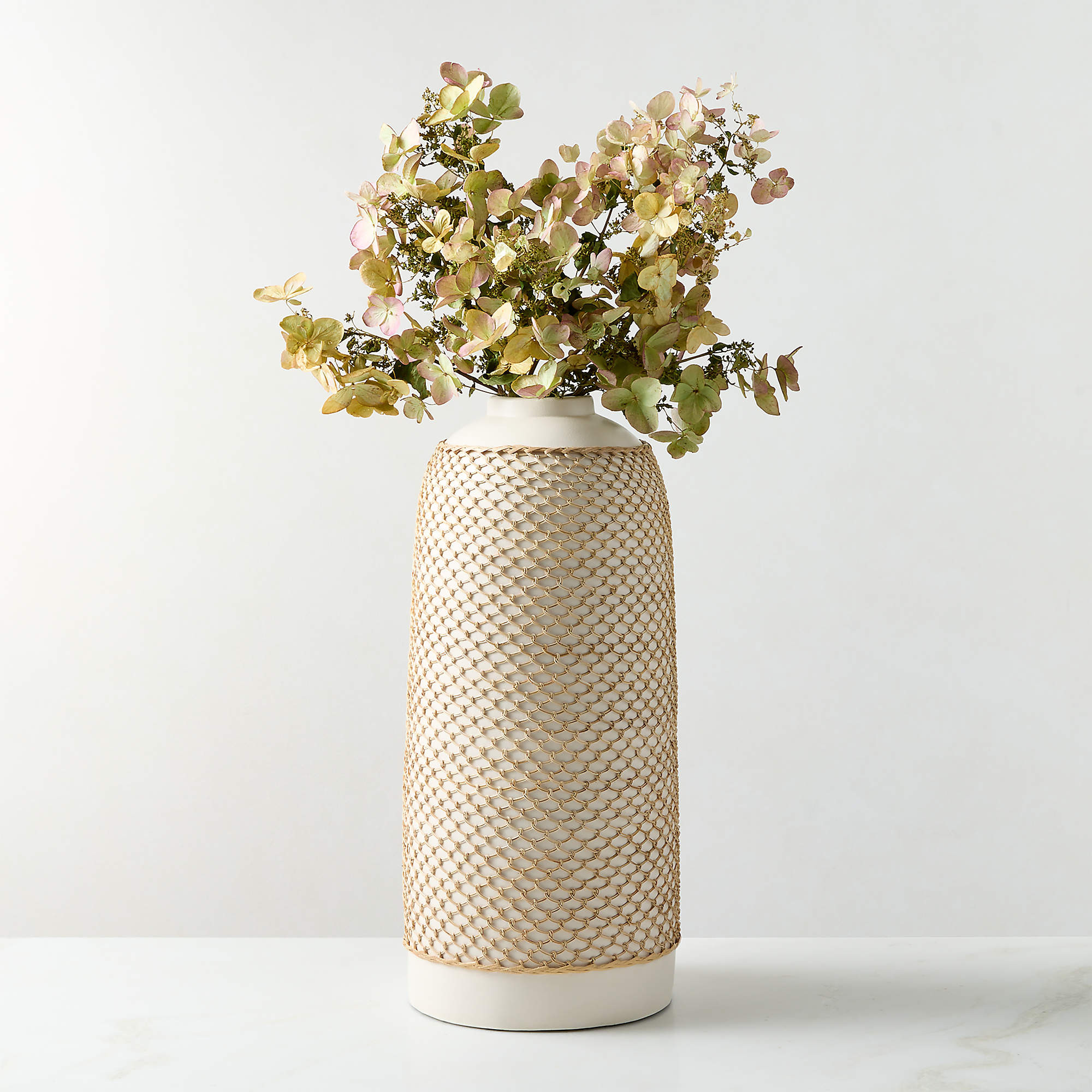 Rumi White Terracotta and Rattan Vase 18" | CB2 | CB2
