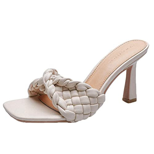 High Heeled Sandals for Women Open Square Toe Braided Strap Slip on Mules Block Heels Summer Slipper Dress Shoes Workplace | Amazon (US)