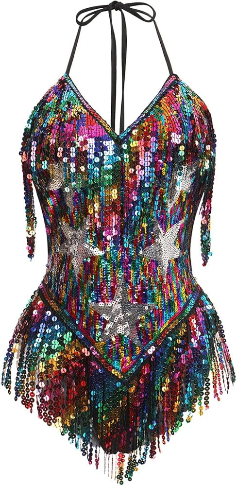 IMEKIS Women Sparkle Stars Fringes Bodysuit Concert Rave Outfit Shiny Music Festivals Halloween C... | Amazon (US)