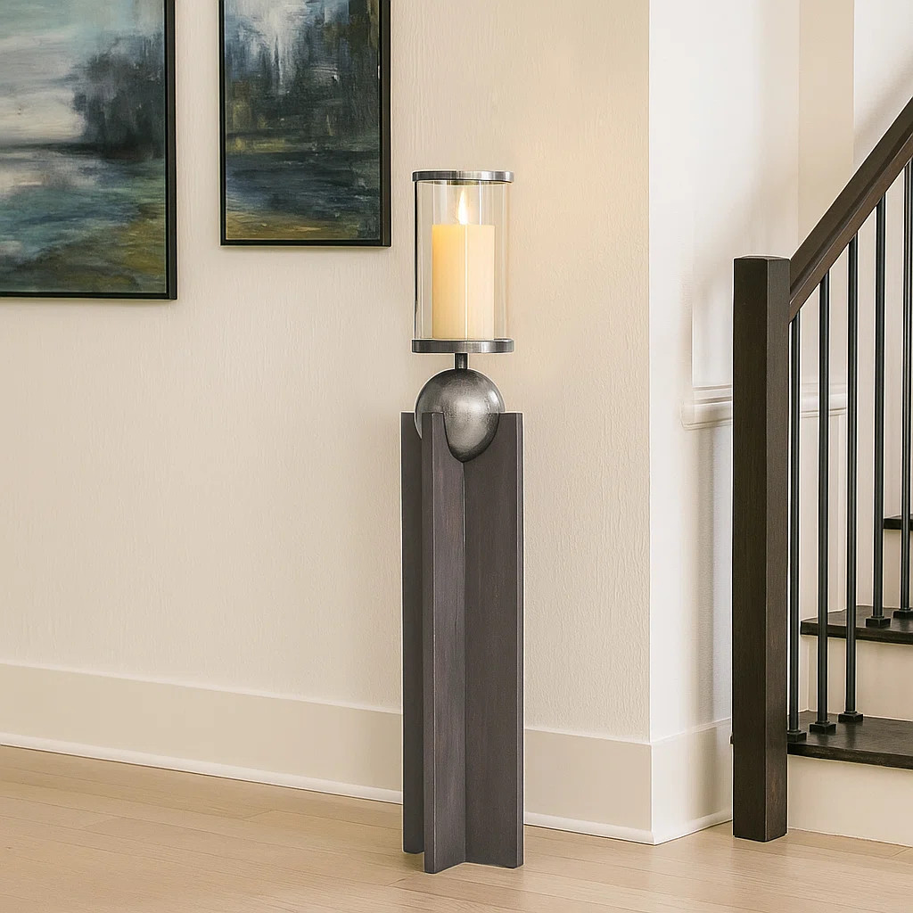 Modern Wood Pillar Candle Holder with Metal Sphere Accent - Decorative Tall Tabletop Candlestick ... | Wayfair North America