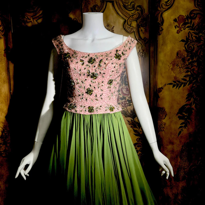 Vintage PAT SANDLER cocktail party dress, 1960s for Highlight Pink Green heavily beaded silk dres... | Etsy (Global)
