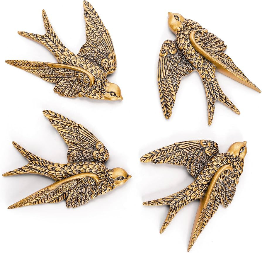 Eorbow 4 Pack Gold Bird Wall Decor, Vintage Resin Wall Sculpture, 3D Sculpted Floating Ornament H... | Amazon (US)