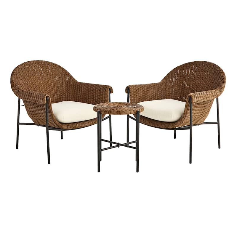 3-Piece Grenada Chat Set, Brown Wicker with Natural Canvas Cushions | At Home