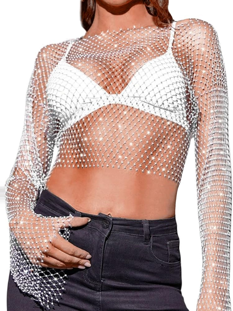 CYCLAMEN Women's Rhinestone Body Chains Long Sleeve Crop Tops Crystal See Through Mesh Diamond Fi... | Amazon (US)